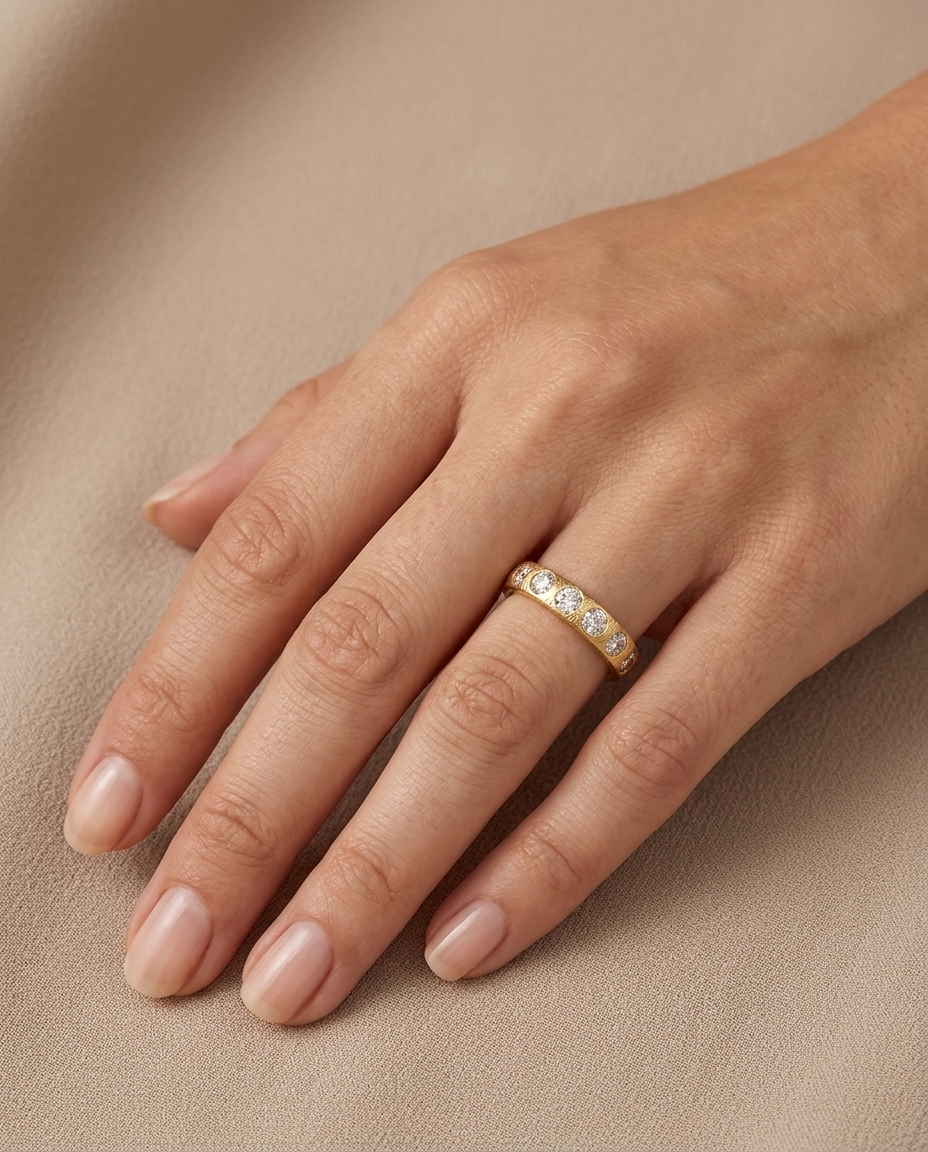 14KT Yellow Gold Diamond Ring Eternity Band on model