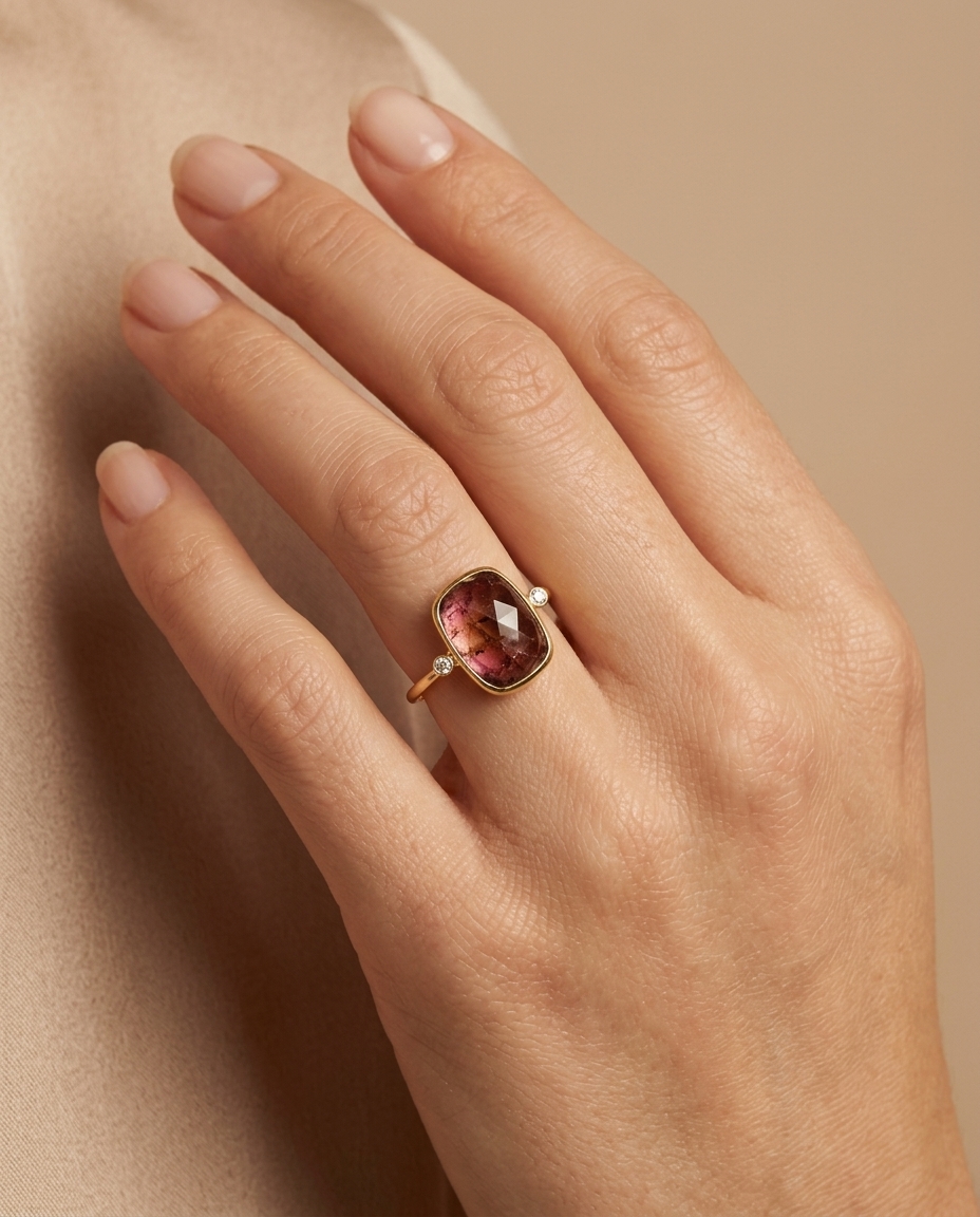 14KT Yellow Gold Tourmaline and Diamonds Ring on model