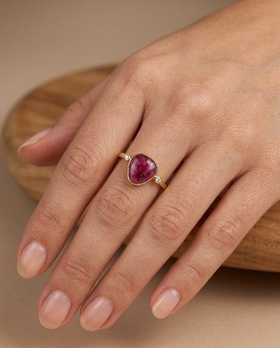 14KT Gold Ruby Ring with Diamonds on model