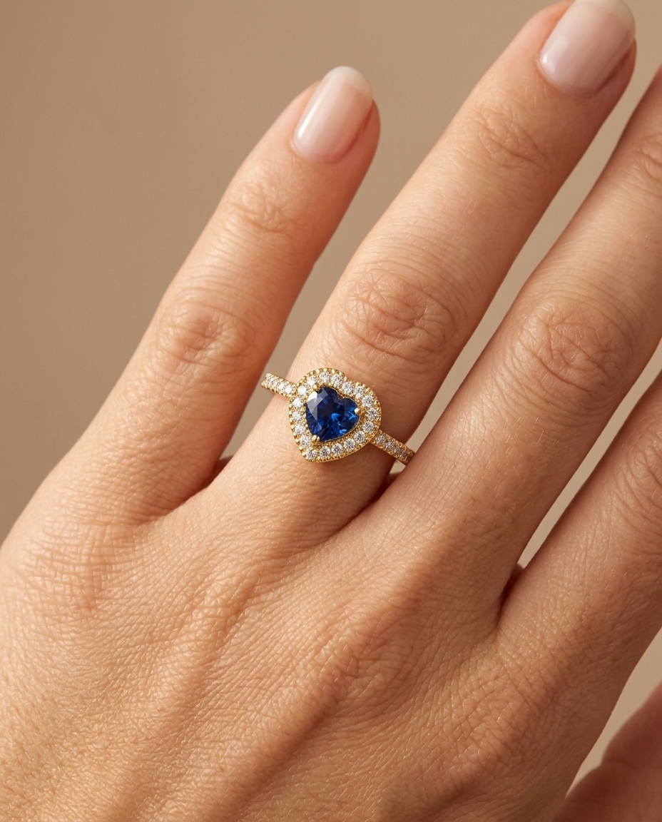 14KT Yellow Gold Heart Shape Blue Sapphire and Diamonds Ring on model