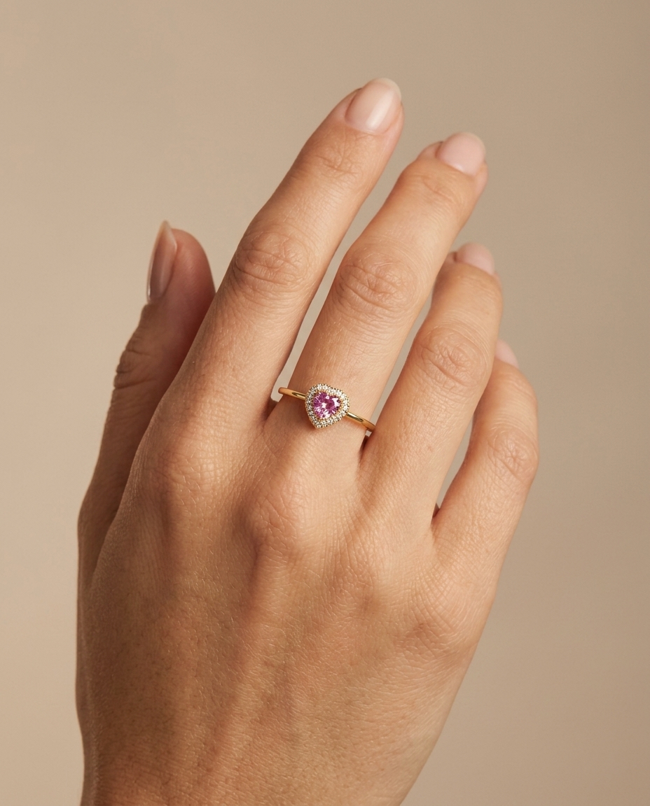 14KT Yellow Gold Heart Shape Pink Sapphire and Diamonds Ring on model