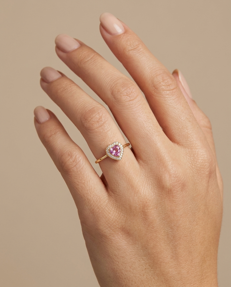 14KT Yellow Gold Heart Shape Pink Sapphire and Diamonds Ring on model