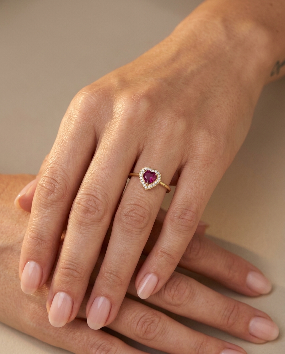 14KT Yellow Gold Heart Shape Ruby and Diamonds Ring on model