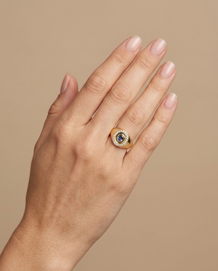 14KT Yellow Gold Blue Sapphire and Diamonds Ring on model