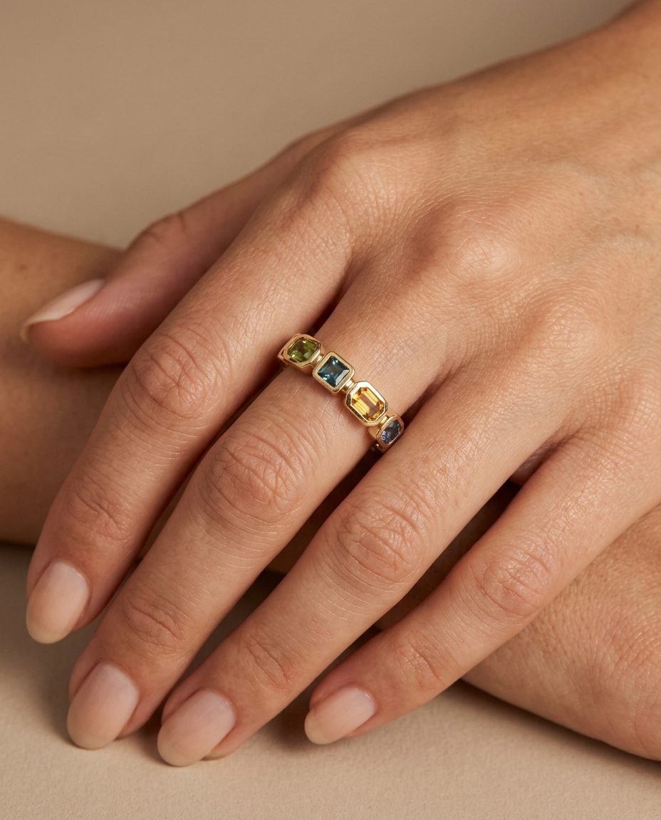 14KT Gold Multi Sapphire Ring on model