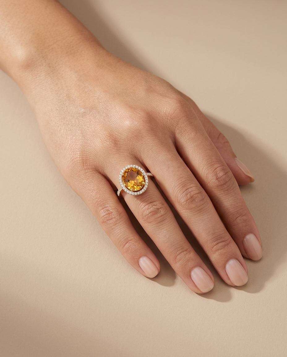 14KT Yellow Gold Citrine and Diamonds Ring on model