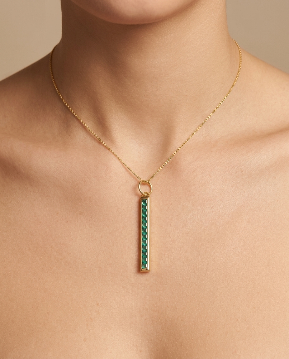 14KT Yellow Gold Emerald Spike Pendant on model