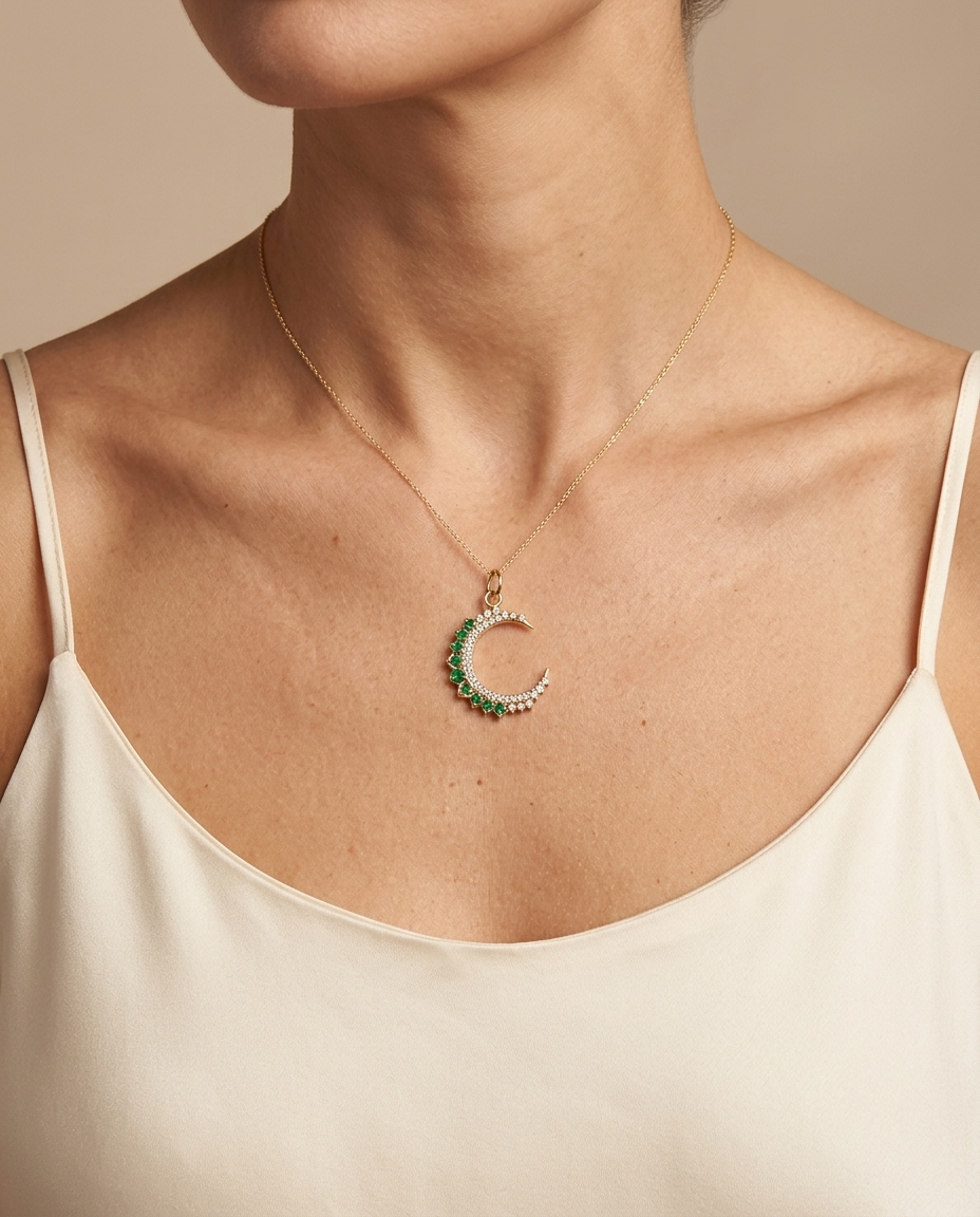 14KT Yellow Gold Half Moon Pendant with Emerald and Diamonds on model