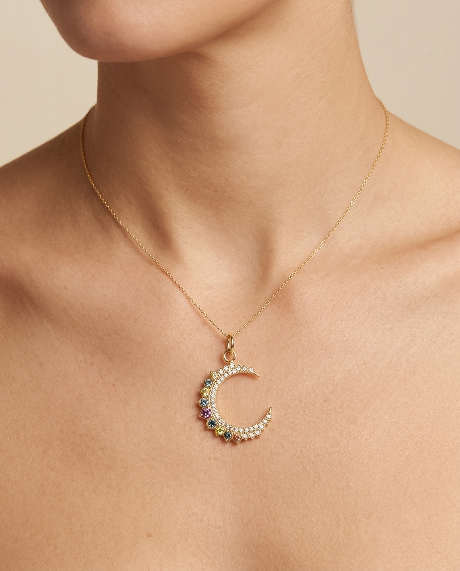 14KT Yellow Gold Half Moon Pendant with Multi Sapphire and Diamonds on model
