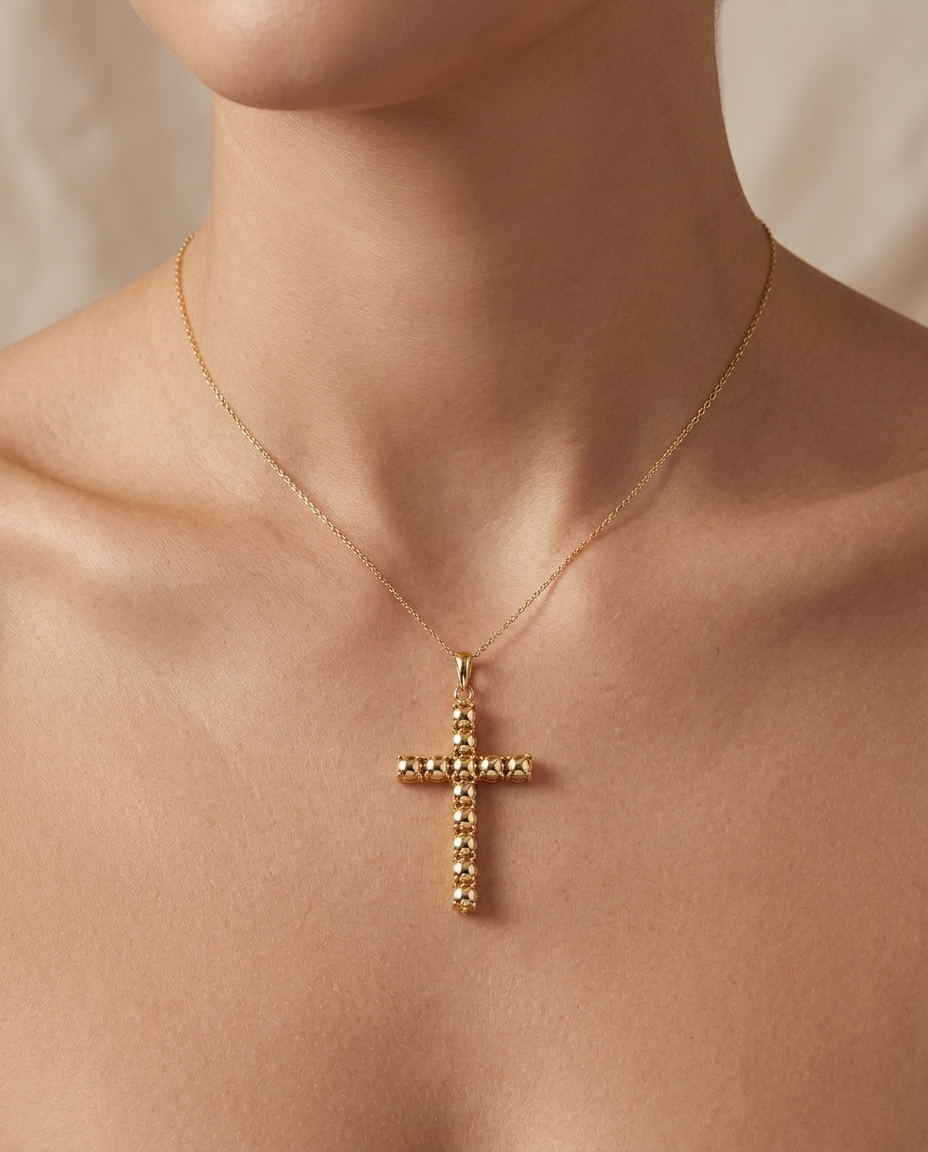 14KT Yellow Gold Turquoise Cross Pendant on model