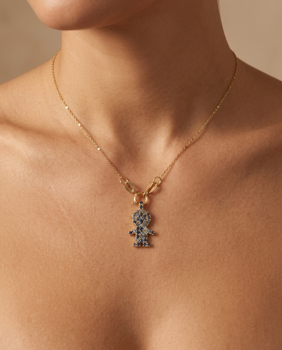 14KT Yellow Gold Boy Pendant with Blue Sapphire on model