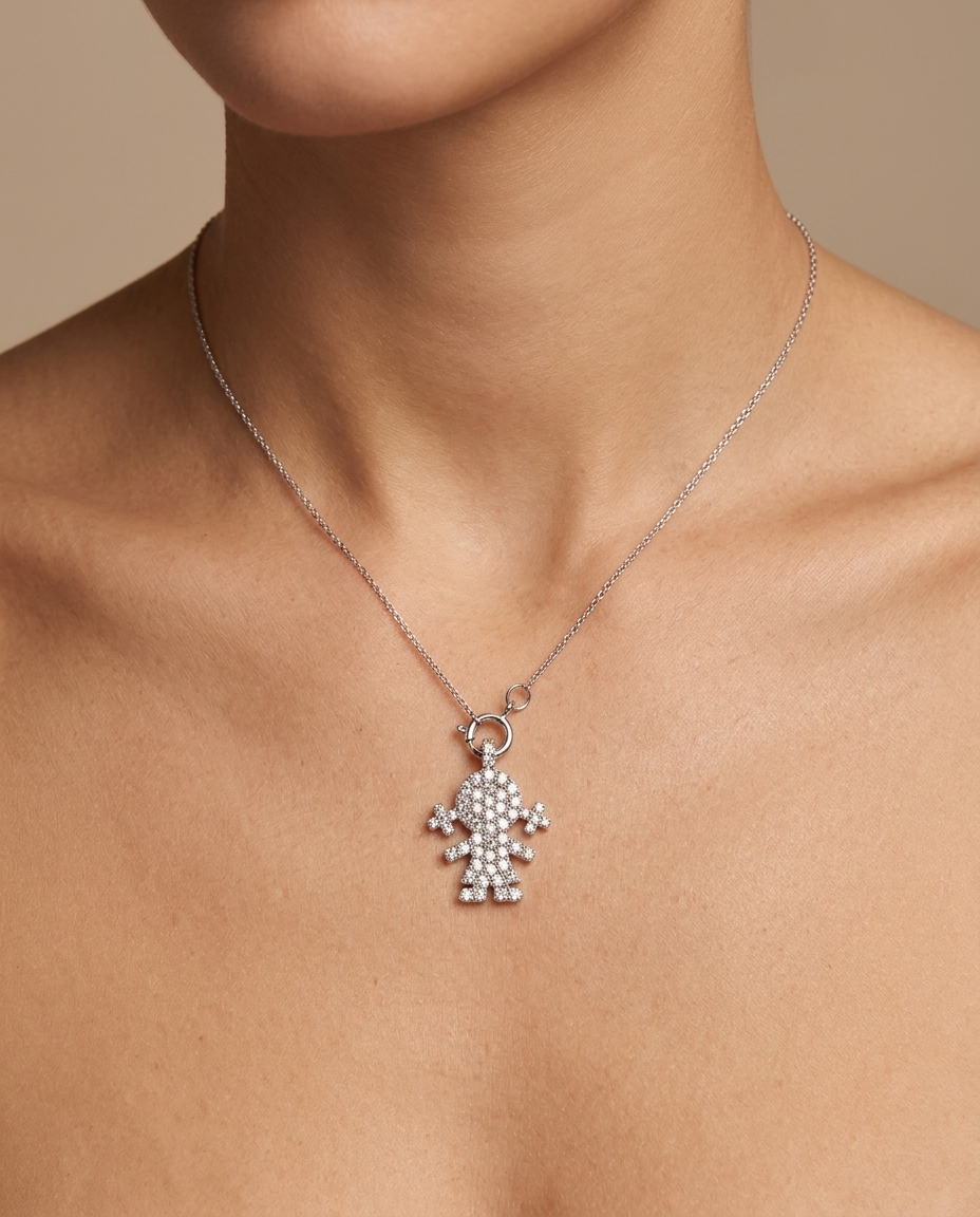 14KT White Gold Girl Pendant with Diamonds on model