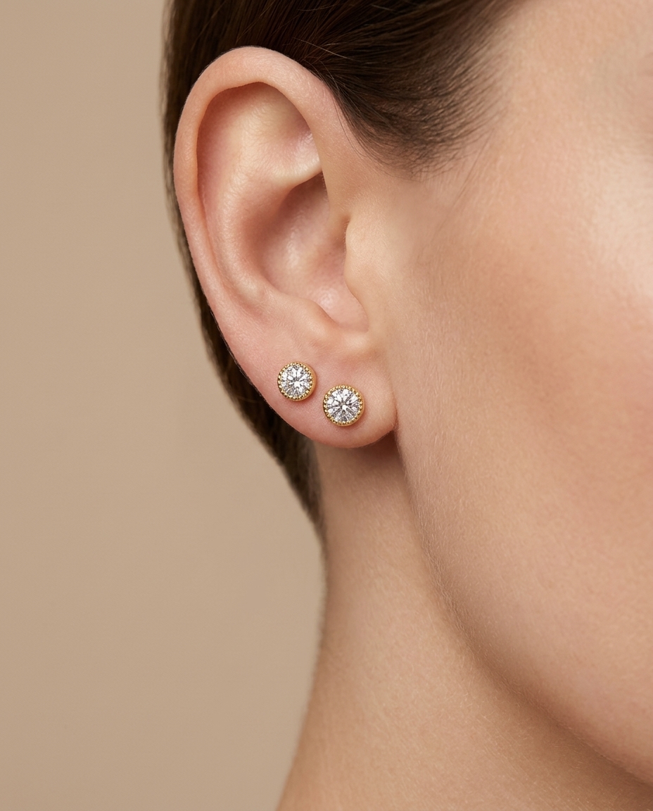 14KT Yellow Gold Diamond Earring Studs on model