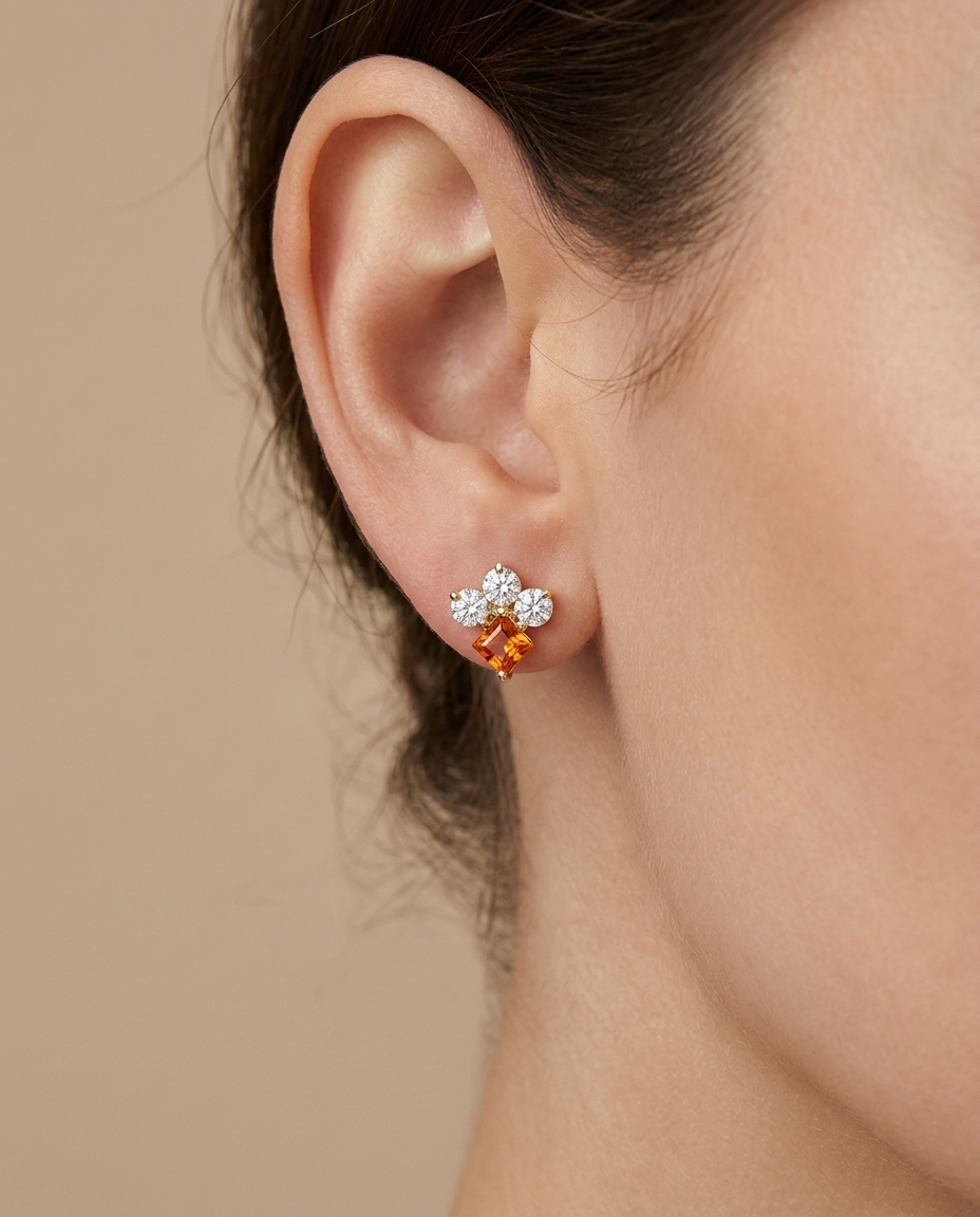 14KT Yellow Gold Orange Sapphire and Diamonds Earring on model
