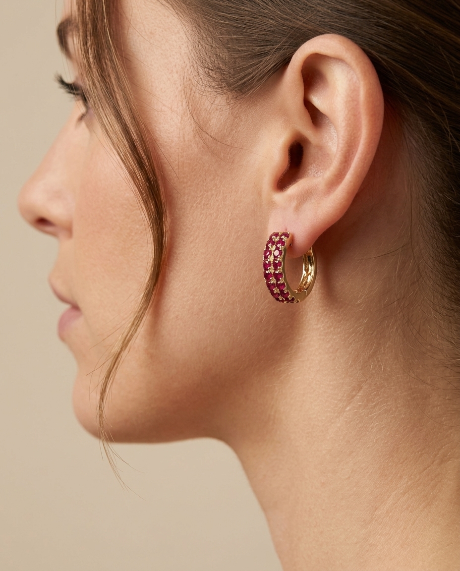 14KT Yellow Gold Ruby Hoop Earring on model