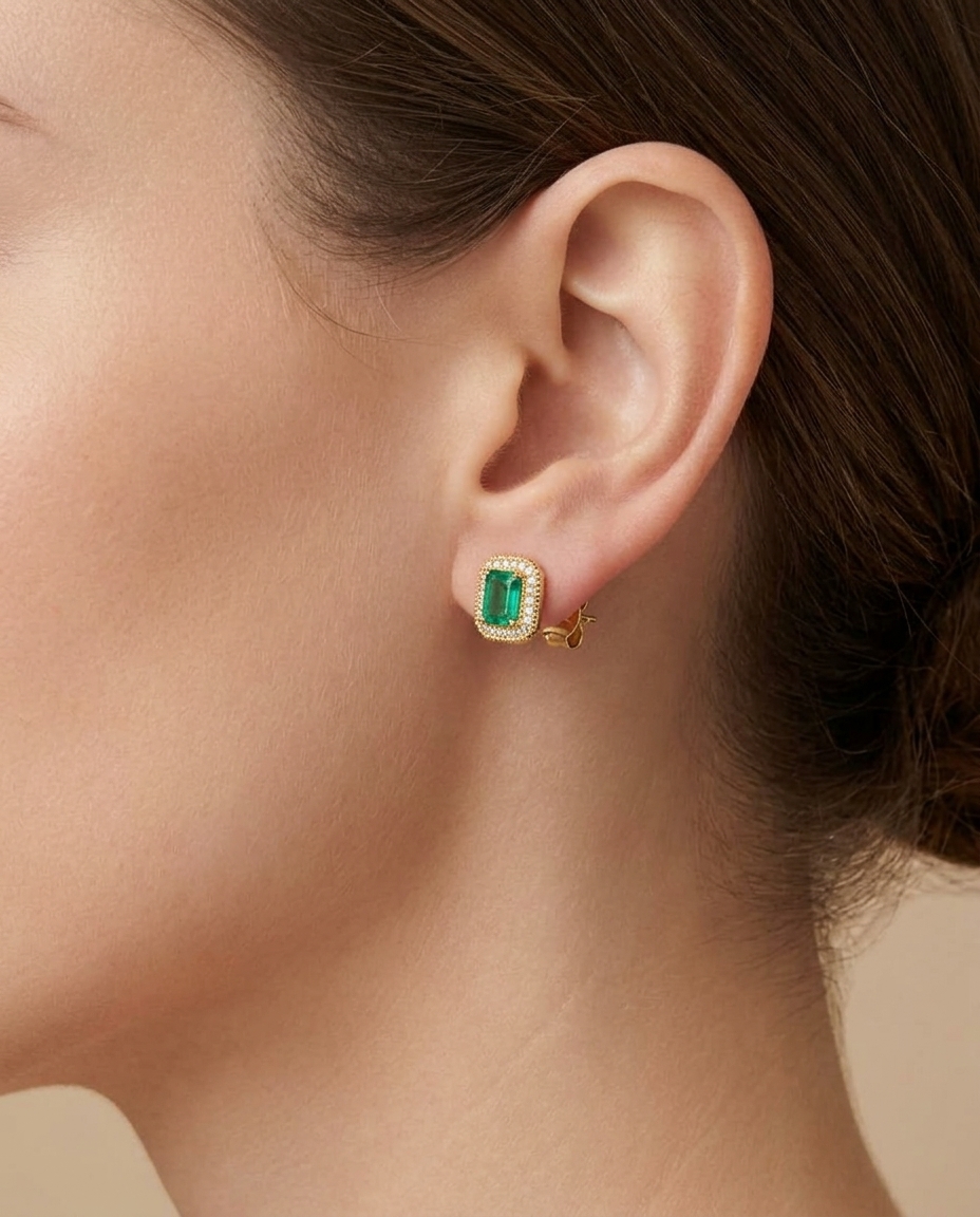 14KT Yellow Gold Emerald and Diamonds Earing on model