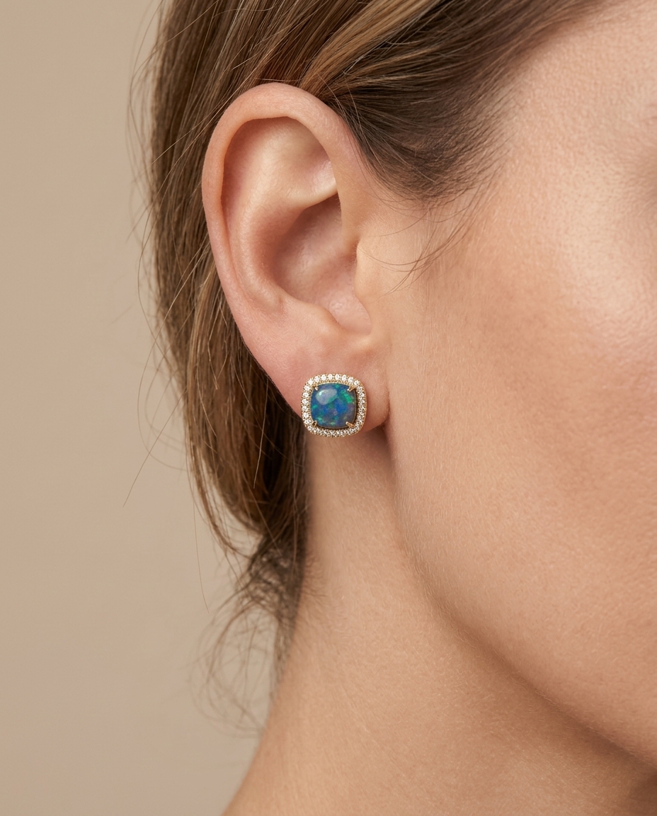 14KT Yellow Gold Opal and Diamonds Earing view 2