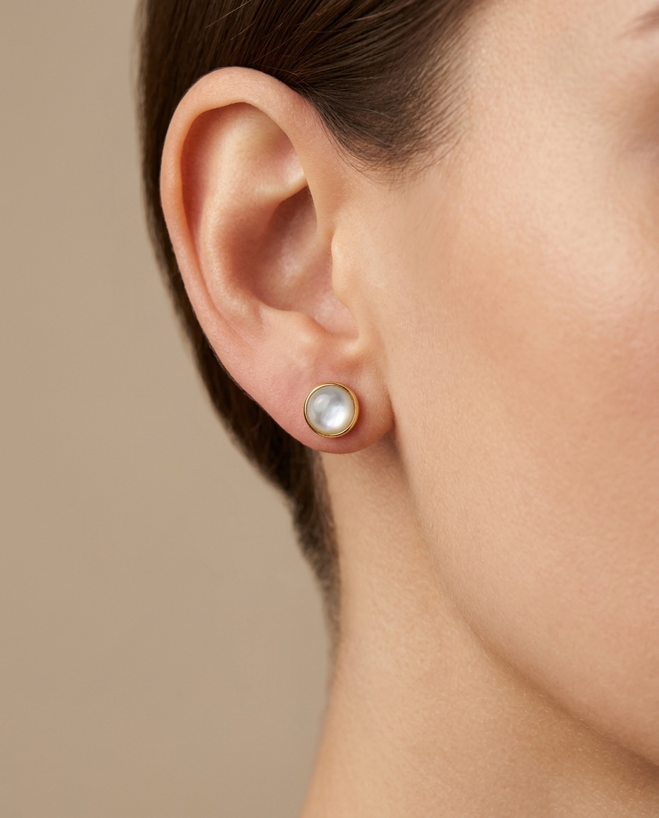 14KT Yellow Gold Mother of Pearl Earring Studs on model