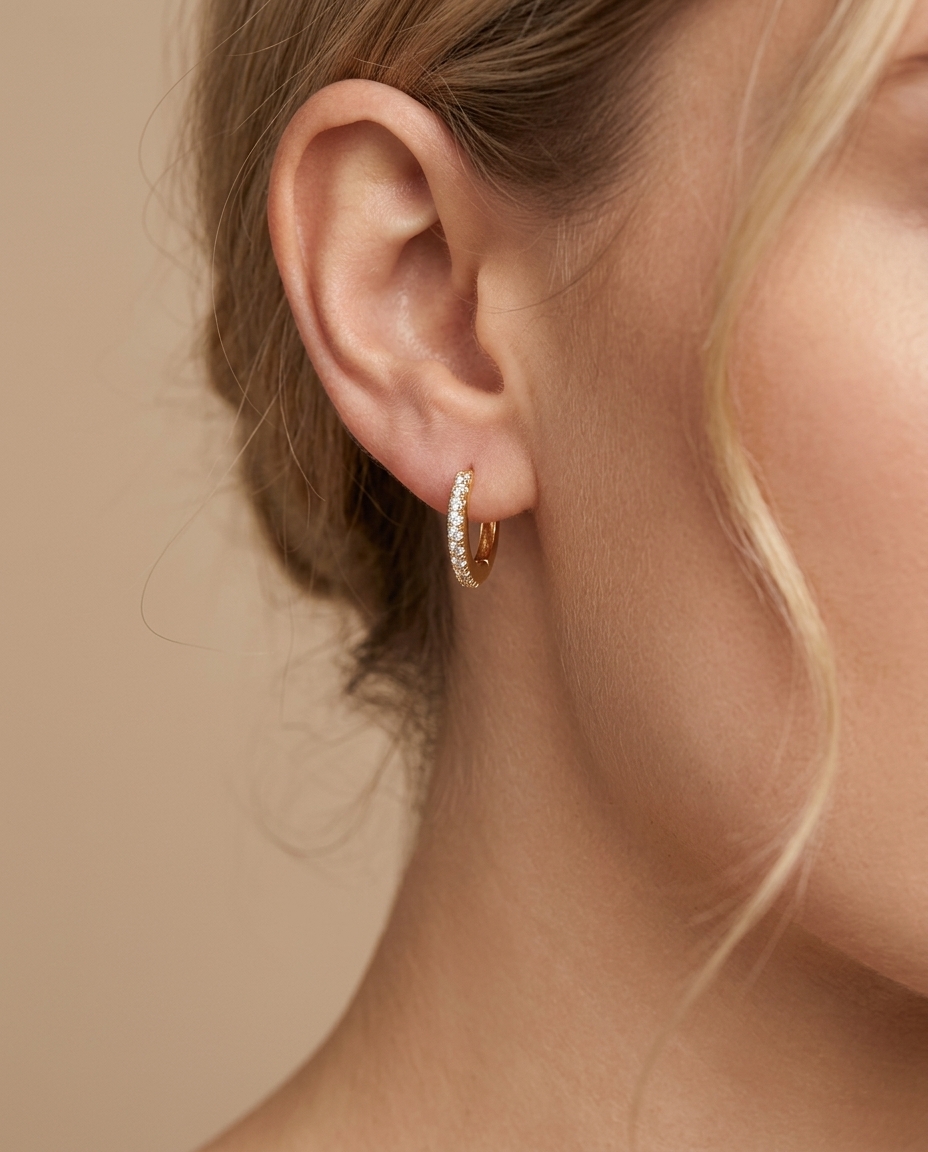 14KT Yellow Gold Diamond Huggies Earring on model