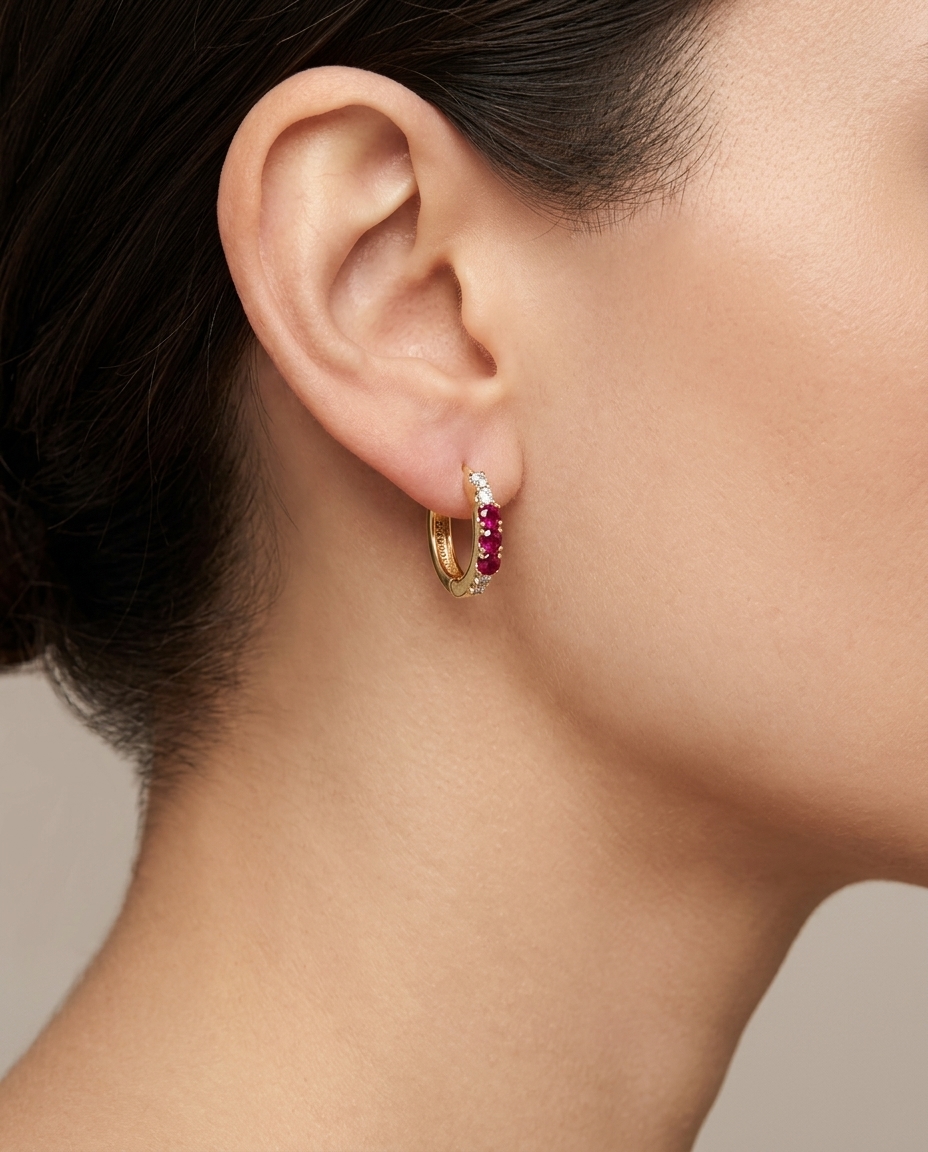 14KT Yellow Gold Diamond and Ruby Huggies Earring on model