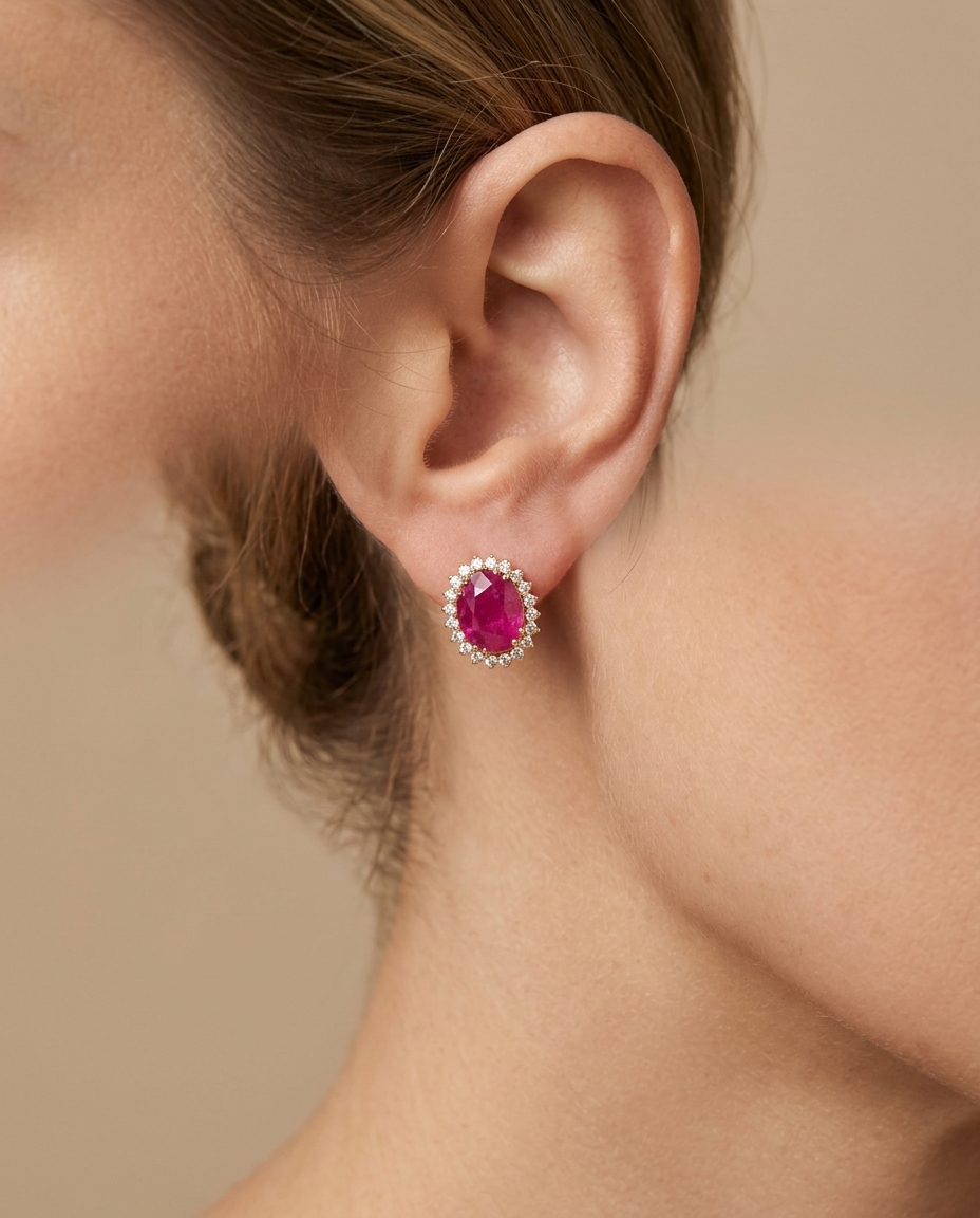 14KT Yellow Gold Ruby with Diamonds Earring on model
