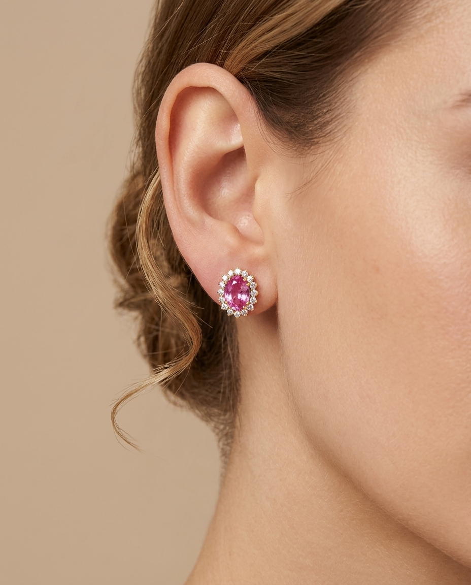 14KT Yellow Gold Pink Sapphire and Diamonds Earring on model