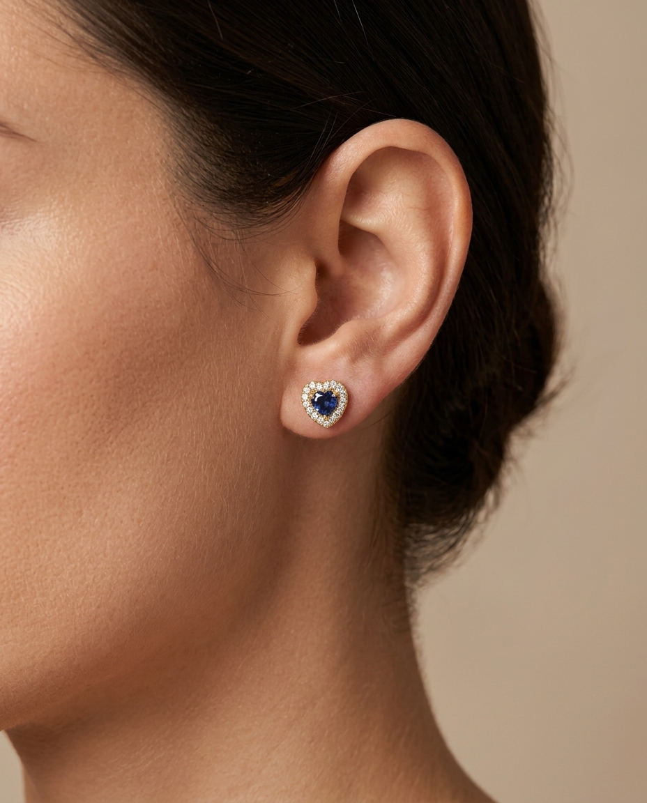 14KT Yellow Gold Blue Sapphire and Diamonds Heart Shape Earring on model