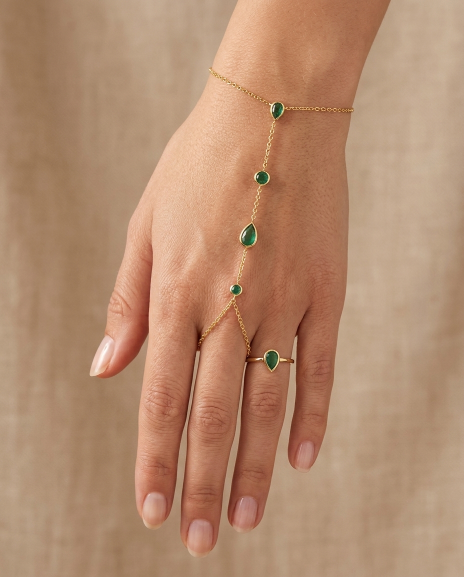 14KT Gold Emerald Hand Chain on model