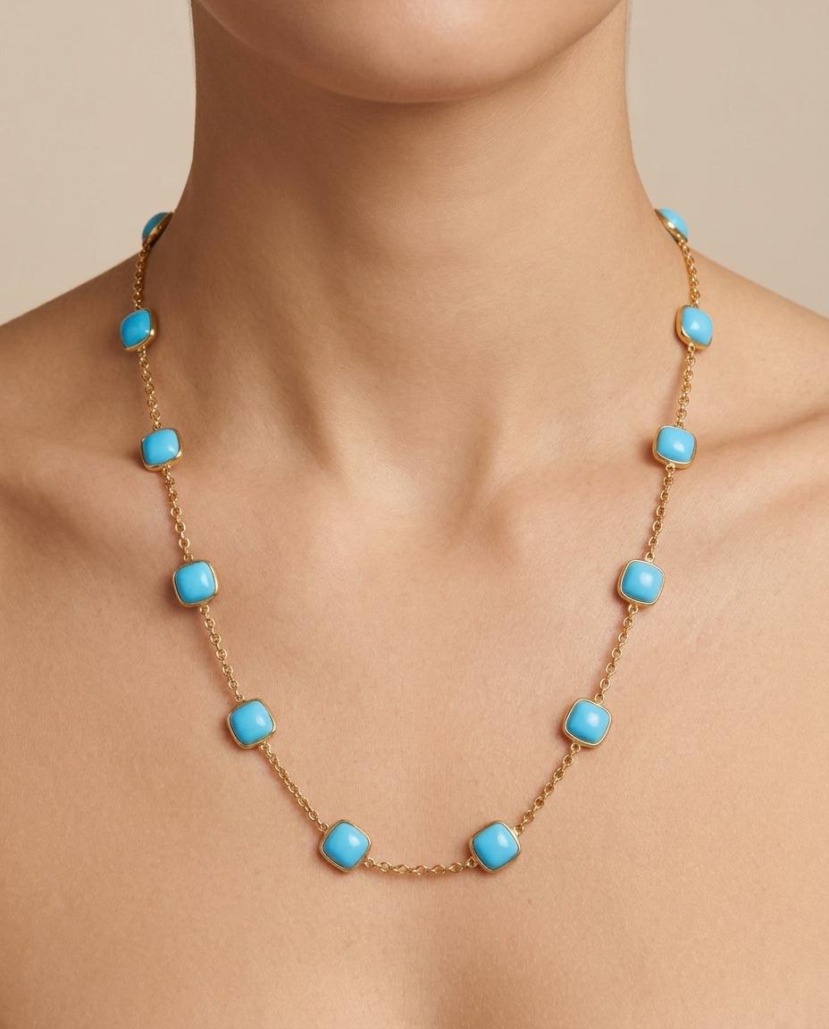 18KT Gold Bezeled Turquoise Necklace on model