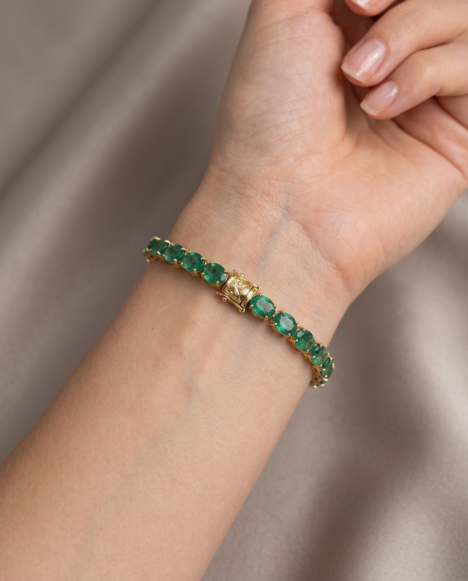 14KT Yellow Gold Emerald Bracelet on model