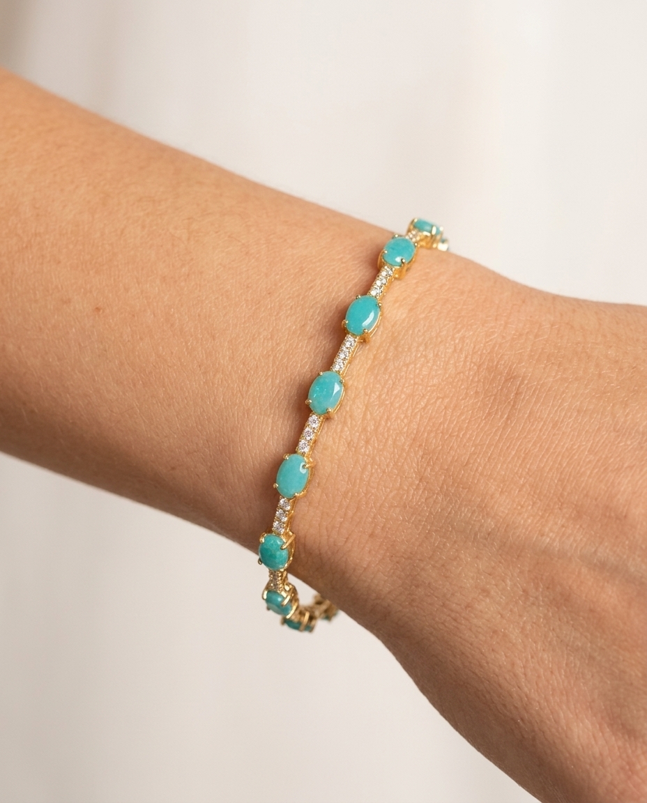 14KT Gold Turquoise and Diamonds Bracelet on model