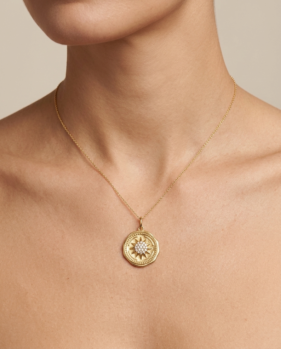14KT Yellow Gold Diamond Starburst in Gold Coin Pendant on model