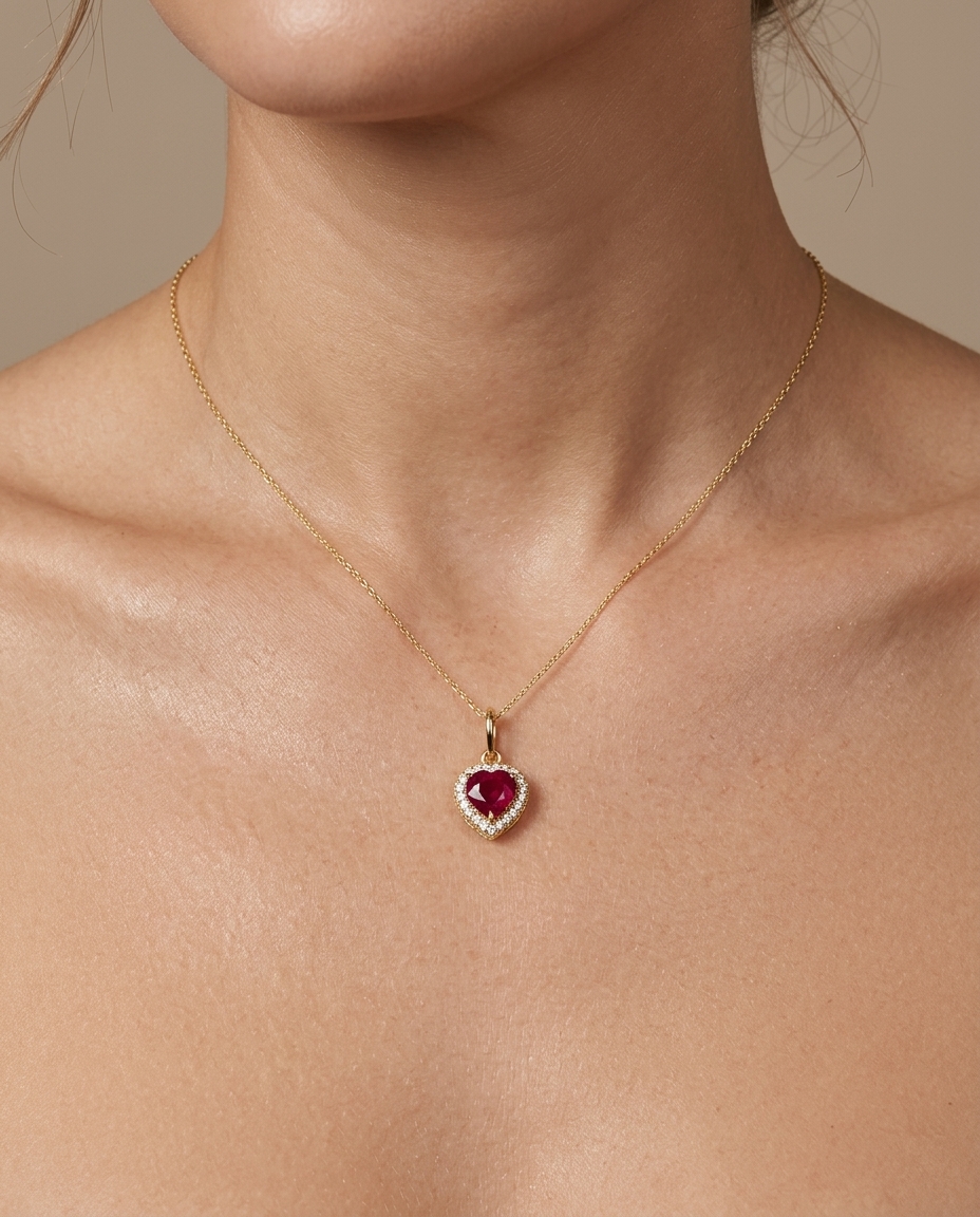 14KT Yellow Gold Heart Pendant with Ruby and Diamonds on model