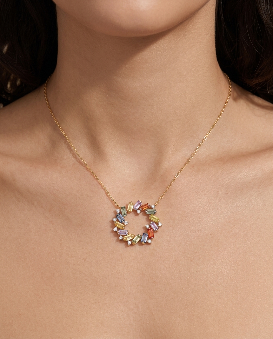 14KT Yellow Gold Multi Sapphire and Diamond Necklace on model