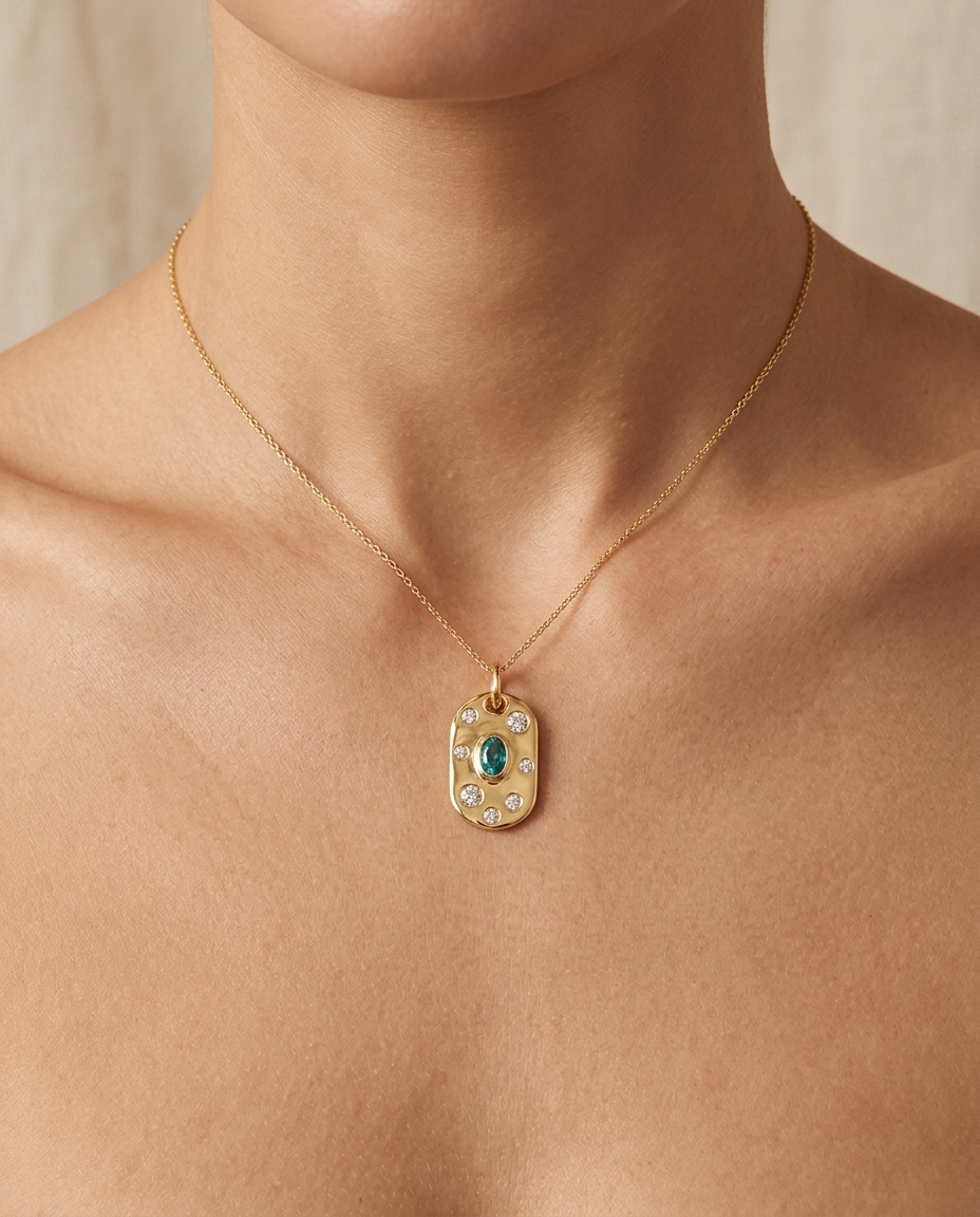 14KT Yellow Gold Pendant with Diamonds and Blue Topaz on model