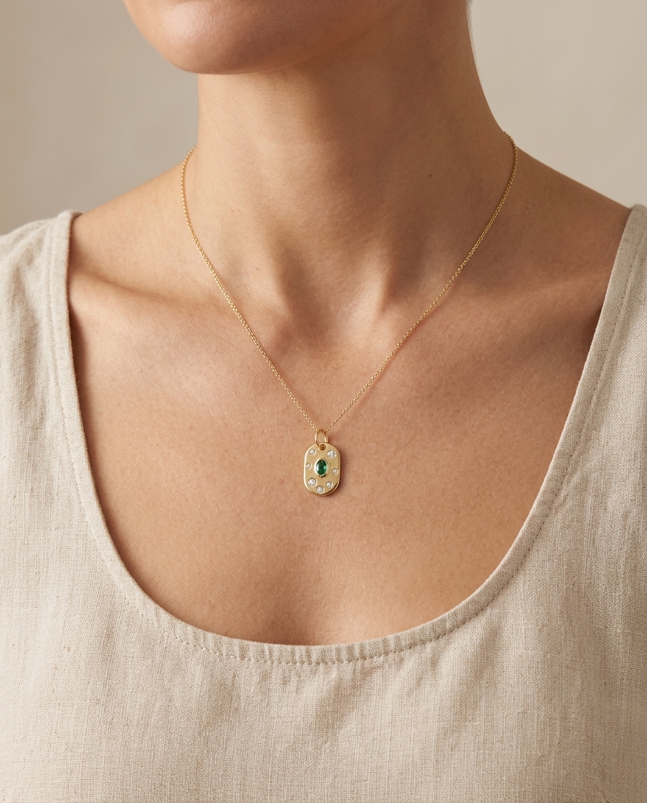 14KT Yellow Gold Pendant with Diamonds and Emerald on model