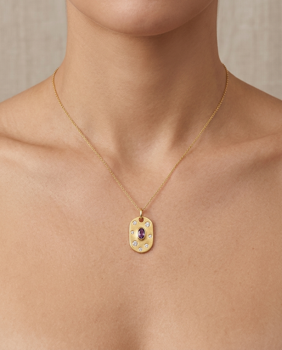 14KT Yellow Gold Pendant with Diamonds and Pink Sapphire on model