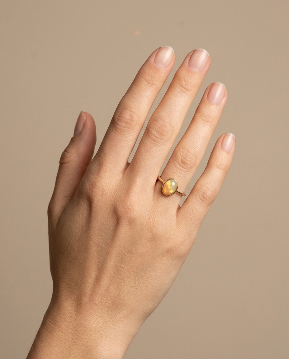 14KT Yellow Gold Opal Ring on model