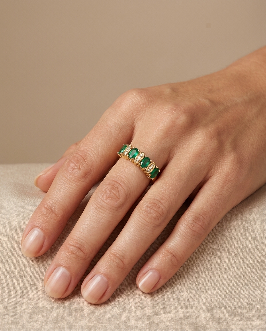 14KT Yellow Gold Emerald and Diamonds Ring on model