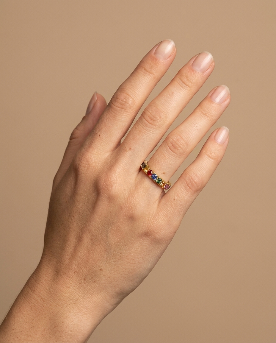 14KT Yellow Gold Multi Sapphire Ring on model
