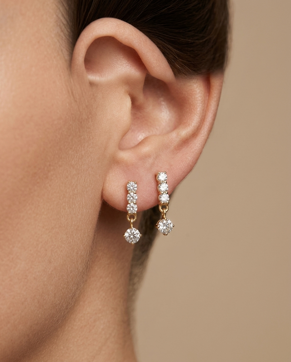 14KT Yellow Gold Diamond Dandling Earring on model