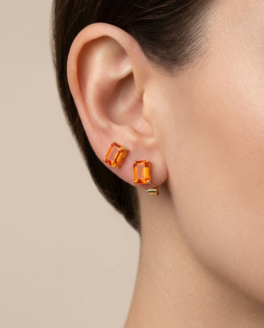 14KT Yellow Gold Orang Sapphire Earring Studs on model