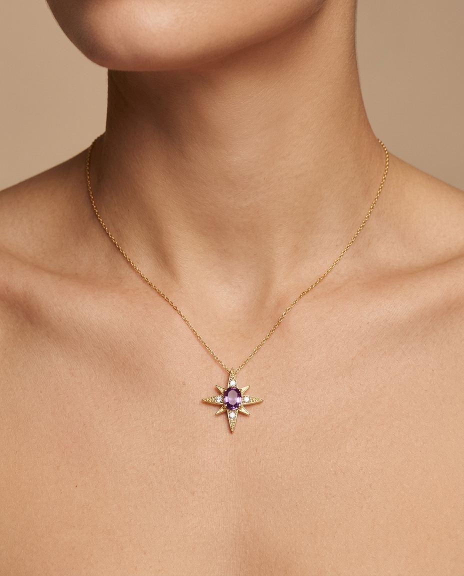 14KT Yellow Gold Diamonds and Pink Sapphire Compass Pendant on model