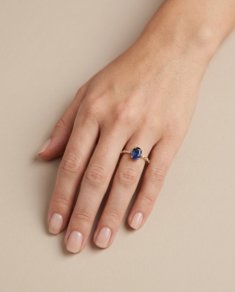 14KT Yellow Gold Sapphire and Diamonds Ring on model