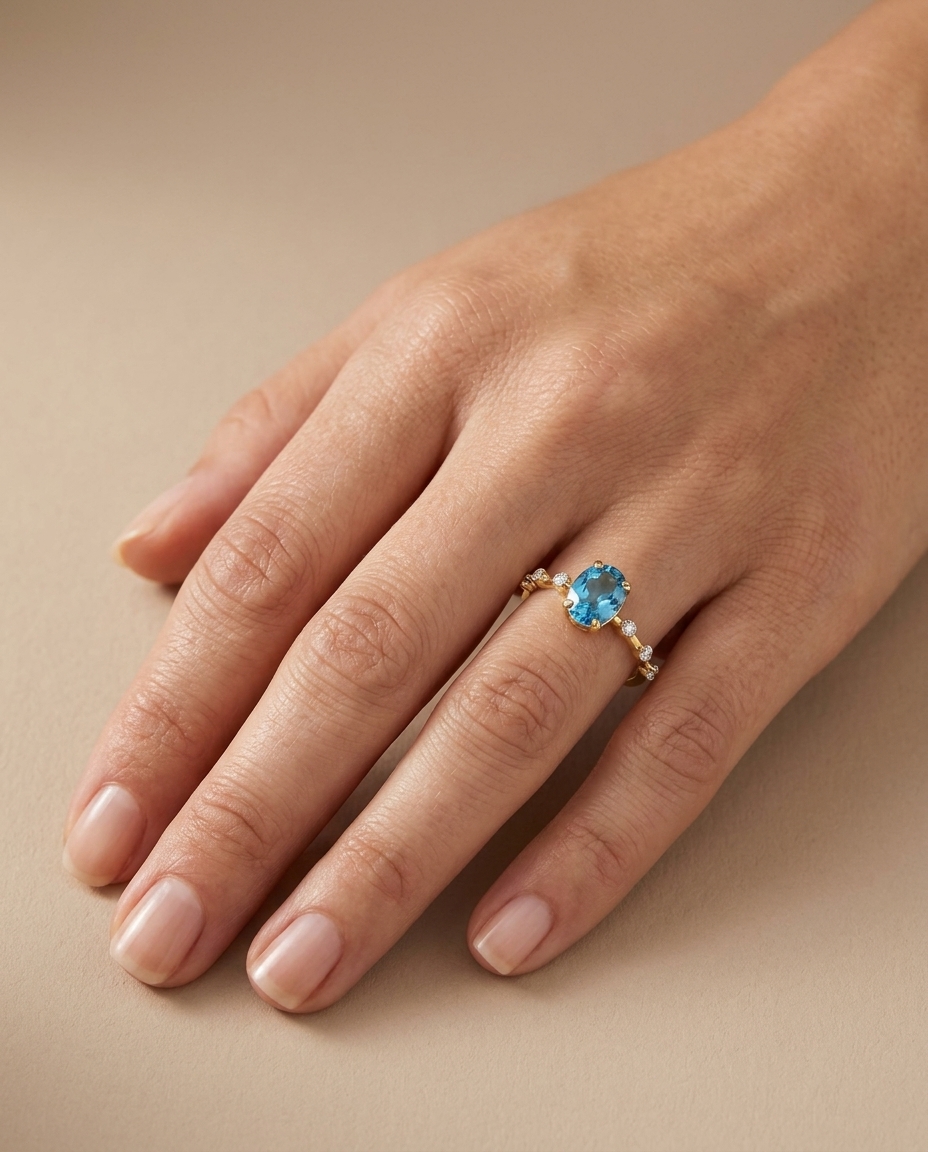 14KT Yellow Gold Topaz and Diamonds Ring on model