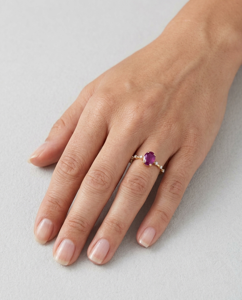 14KT Yellow Gold Ruby and Diamonds Ring on model