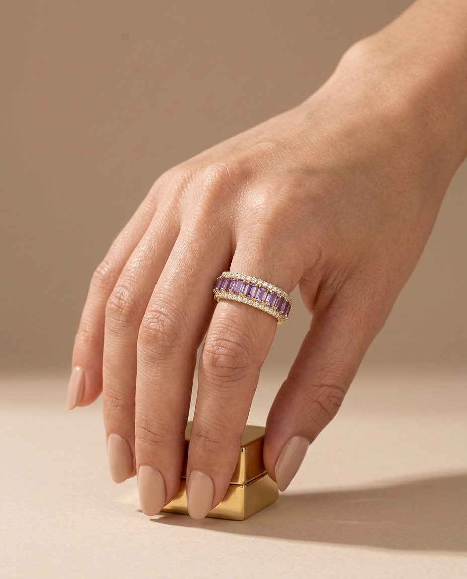 14KT Yellow Gold Pink Sapphire and Diamonds Ring on model