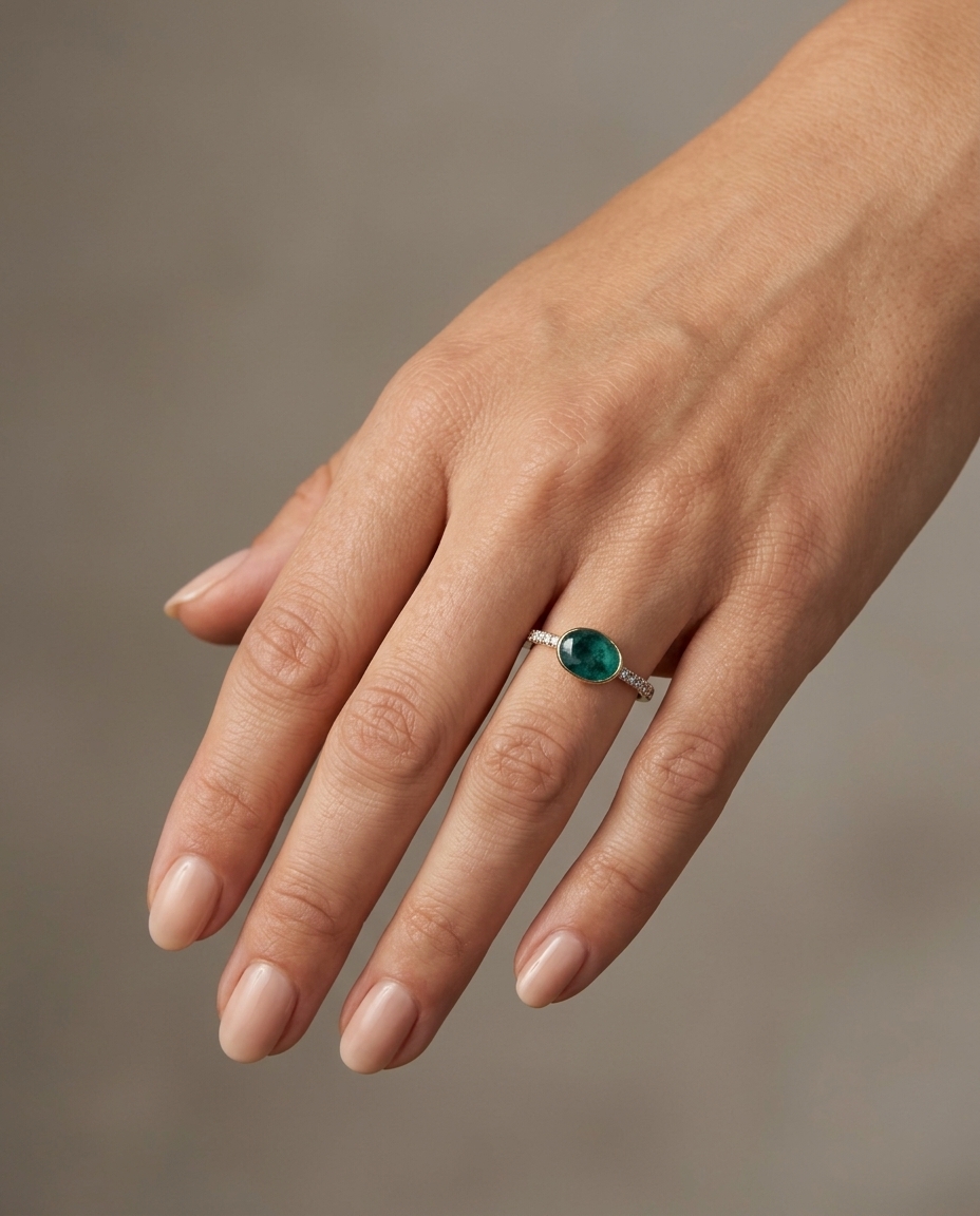 14KT Yellow Gold Emerald and Diamonds Ring on model