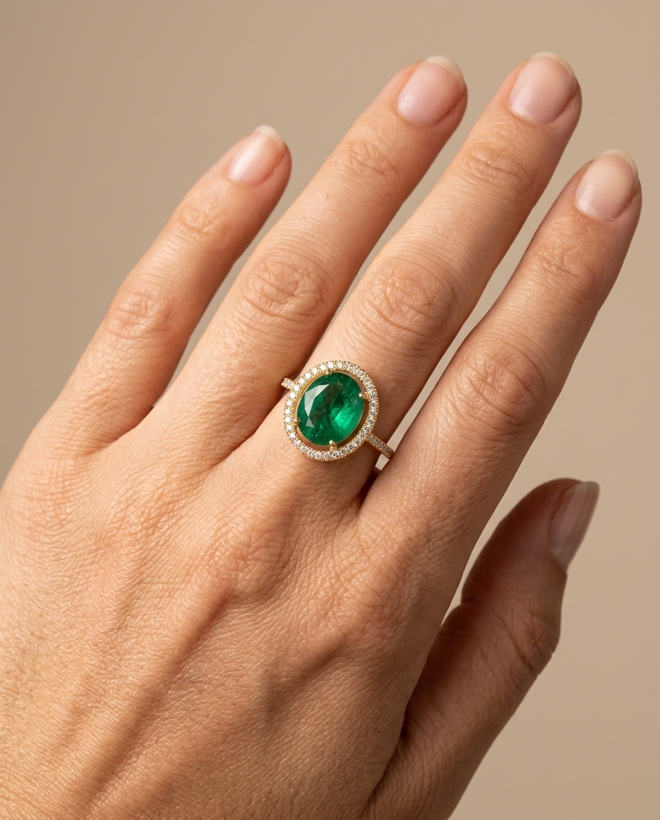 14KT Yellow Gold Emerald and Diamonds Ring on model