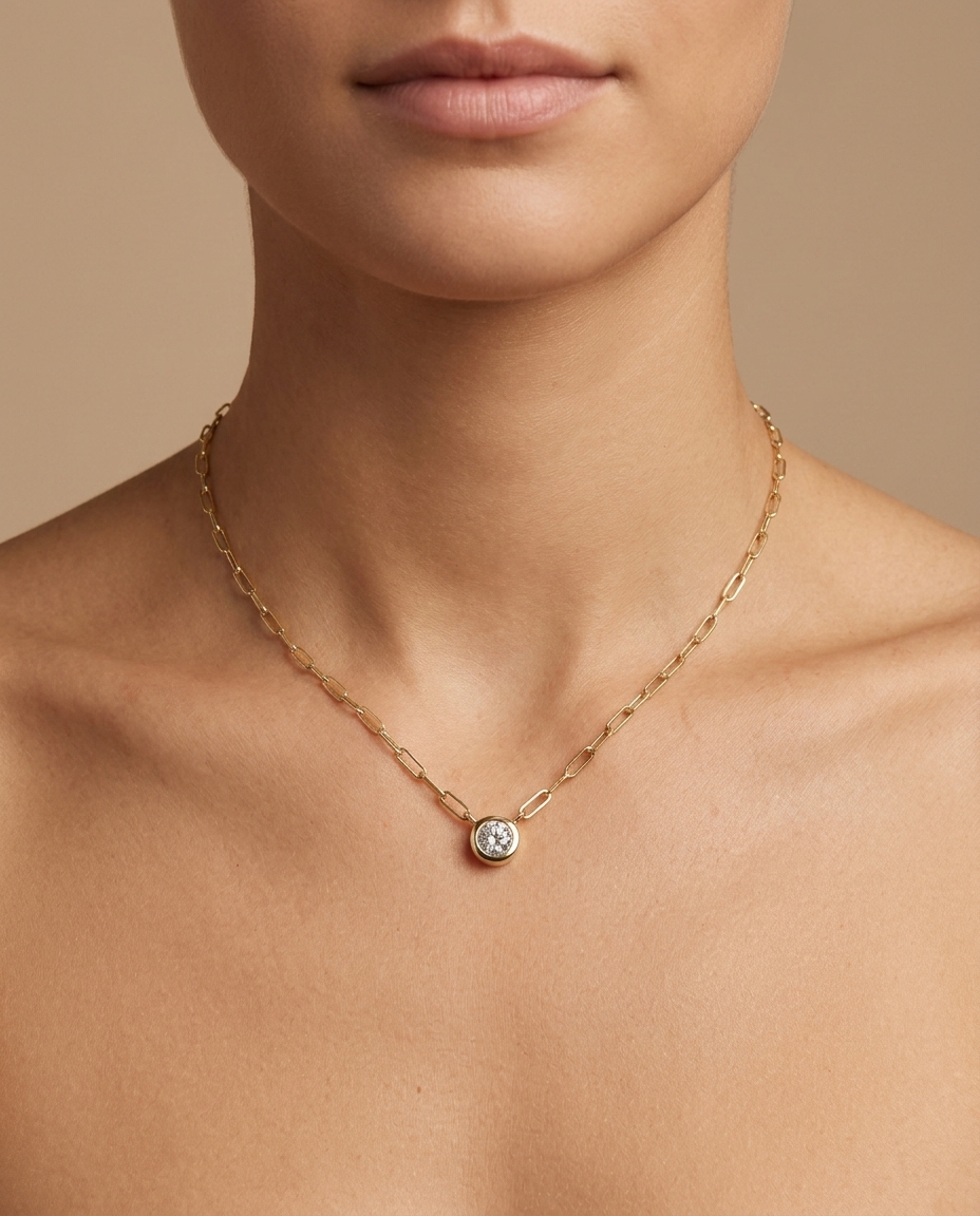 14KT Gold Diamond Necklace on model